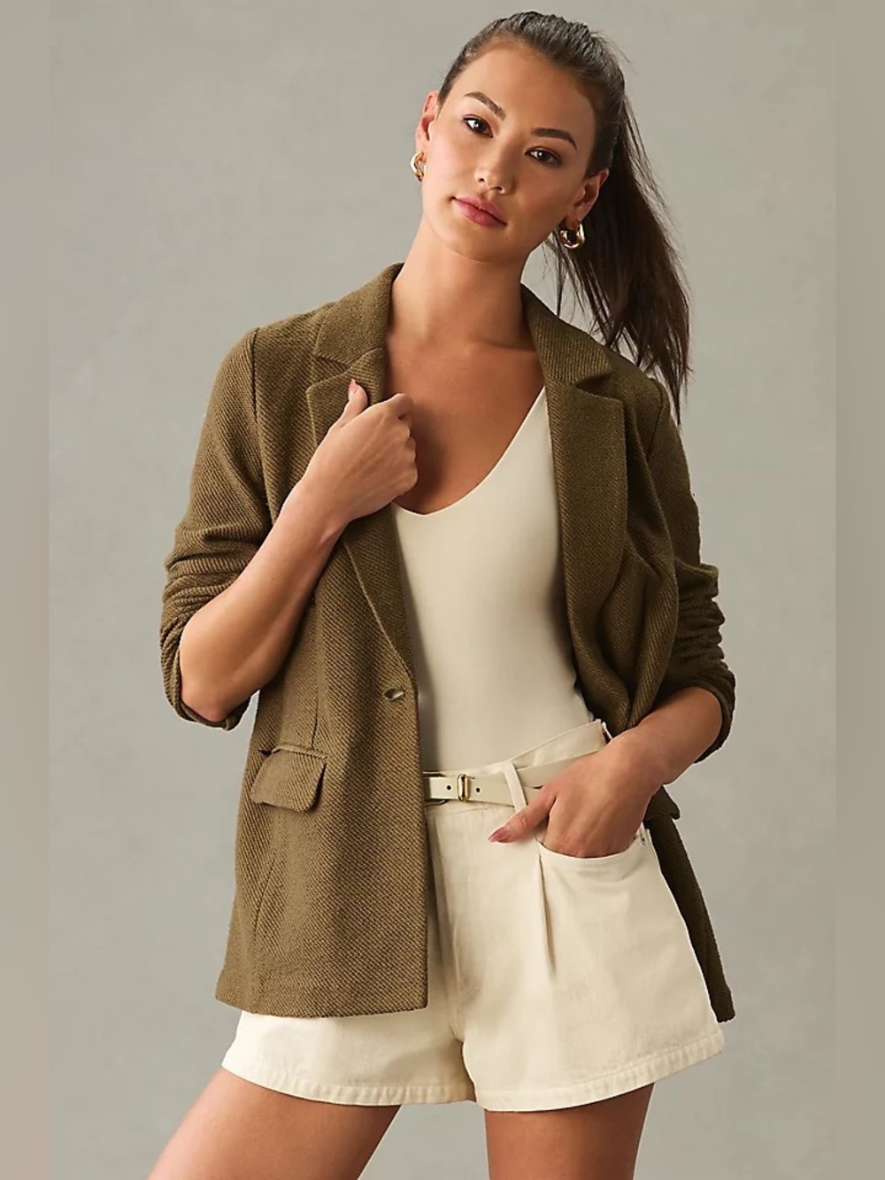 Anthropologie x Sanctuary Bryce Knit Blazer relaxed tailored olive green layer - Picture 2 of 5